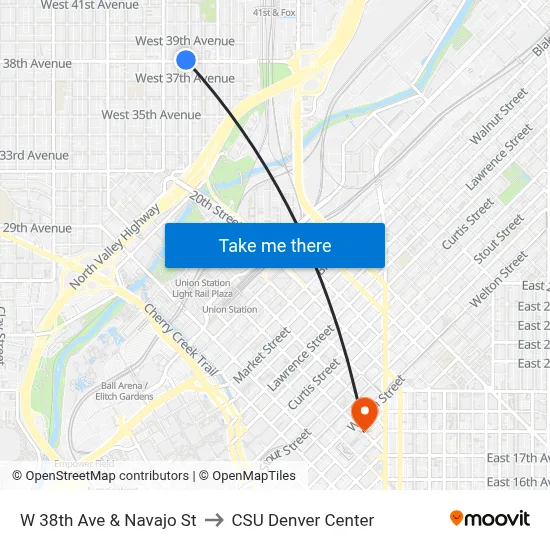 W 38th Ave & Navajo St to CSU Denver Center map