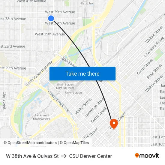 W 38th Ave & Quivas St to CSU Denver Center map