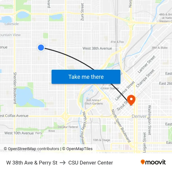 W 38th Ave & Perry St to CSU Denver Center map