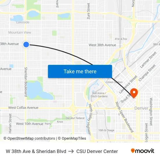 W 38th Ave & Sheridan Blvd to CSU Denver Center map