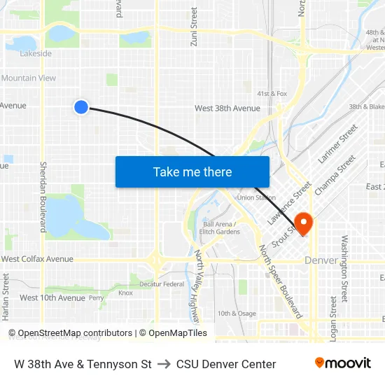 W 38th Ave & Tennyson St to CSU Denver Center map