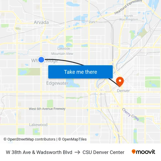 W 38th Ave & Wadsworth Blvd to CSU Denver Center map