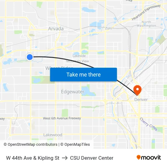 W 44th Ave & Kipling St to CSU Denver Center map