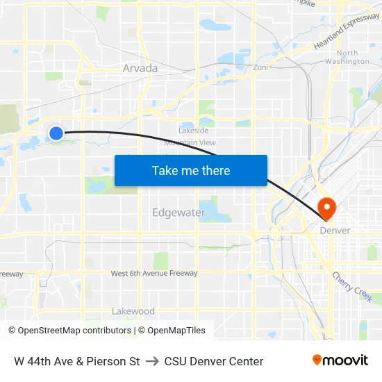 W 44th Ave & Pierson St to CSU Denver Center map