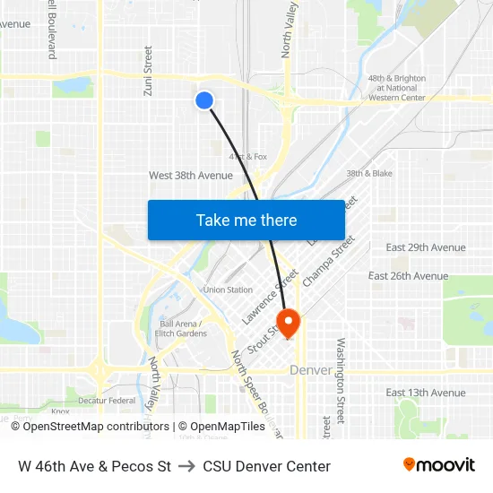 W 46th Ave & Pecos St to CSU Denver Center map