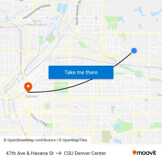 47th Ave & Havana St to CSU Denver Center map
