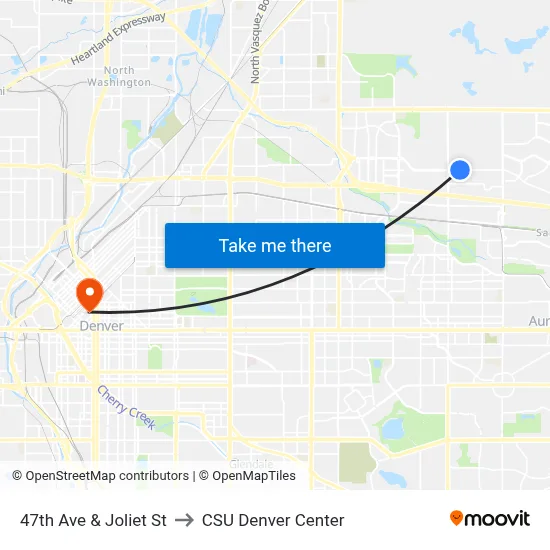 47th Ave & Joliet St to CSU Denver Center map