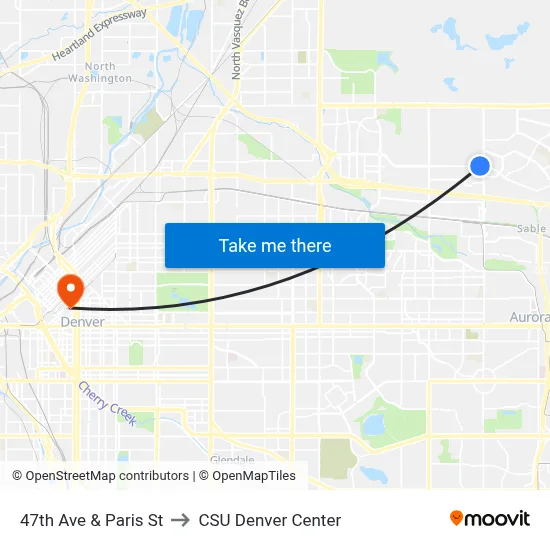 47th Ave & Paris St to CSU Denver Center map