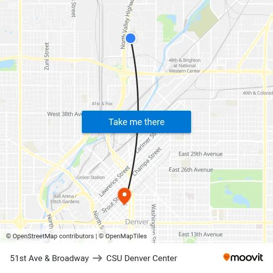 51st Ave & Broadway to CSU Denver Center map