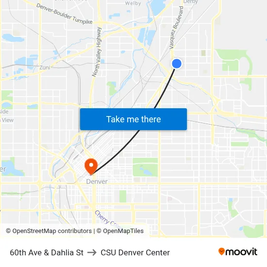 60th Ave & Dahlia St to CSU Denver Center map