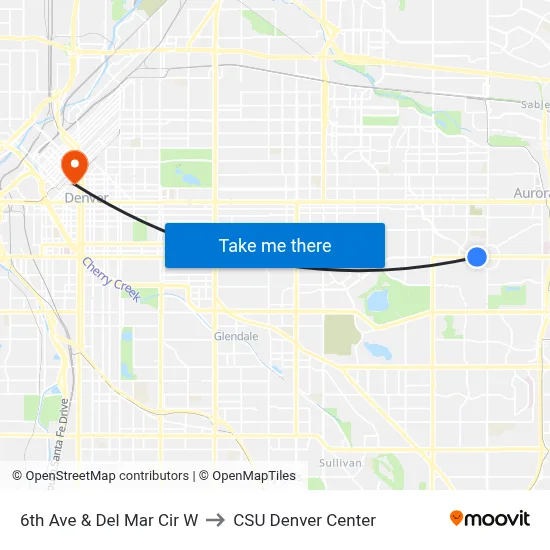 6th Ave & Del Mar Cir W to CSU Denver Center map