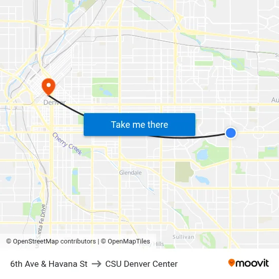 6th Ave & Havana St to CSU Denver Center map