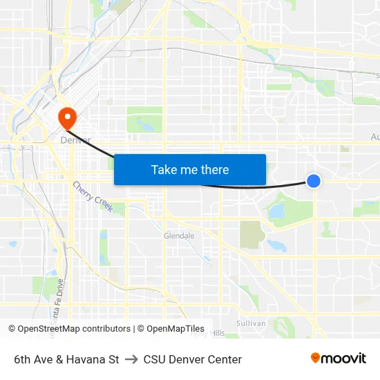 6th Ave & Havana St to CSU Denver Center map