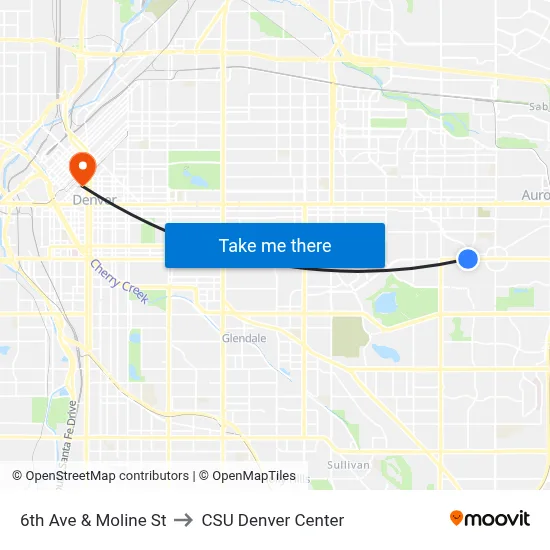 6th Ave & Moline St to CSU Denver Center map
