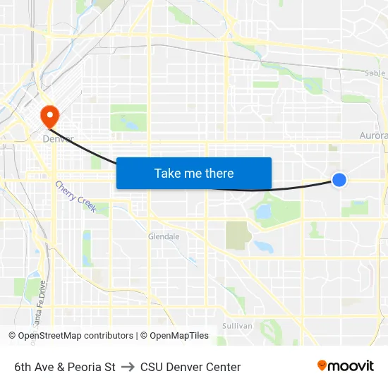 6th Ave & Peoria St to CSU Denver Center map