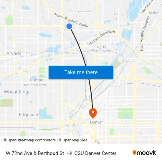 W 72nd Ave & Berthoud St to CSU Denver Center map