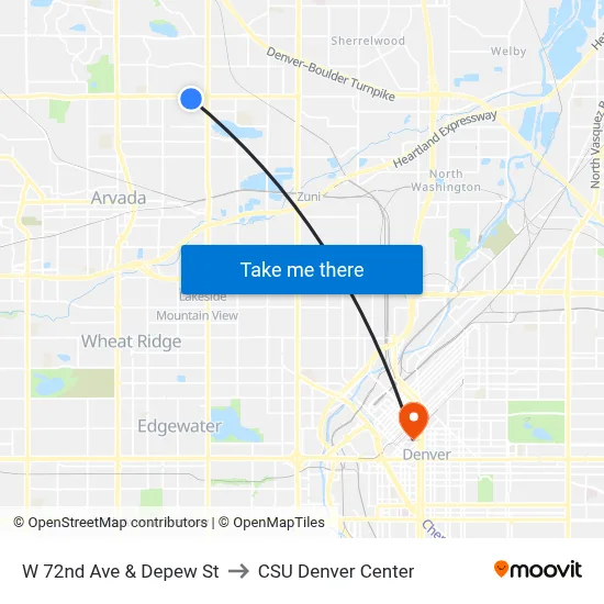 W 72nd Ave & Depew St to CSU Denver Center map
