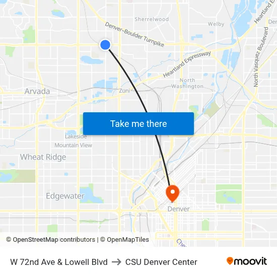 W 72nd Ave & Lowell Blvd to CSU Denver Center map