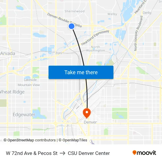W 72nd Ave & Pecos St to CSU Denver Center map