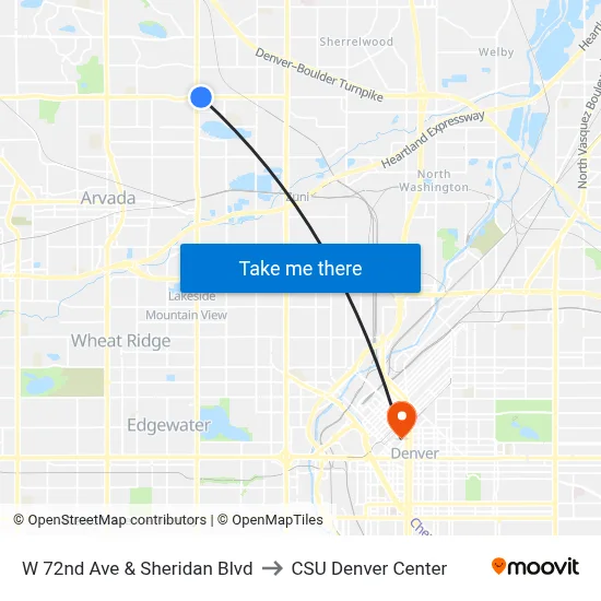 W 72nd Ave & Sheridan Blvd to CSU Denver Center map