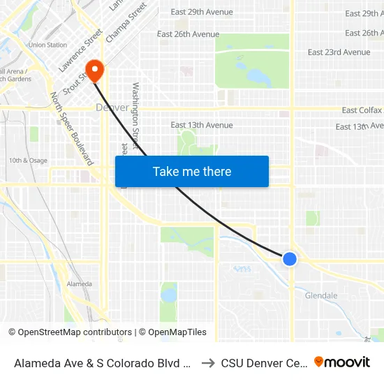 Alameda Ave & S Colorado Blvd Farside to CSU Denver Center map