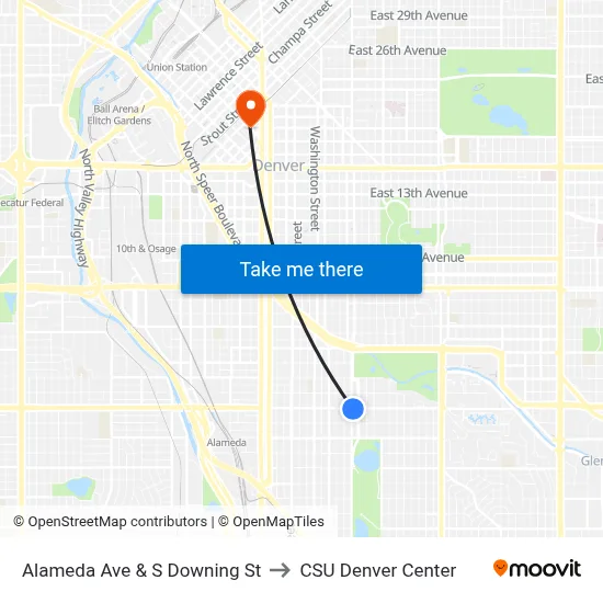 Alameda Ave & S Downing St to CSU Denver Center map