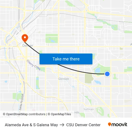 Alameda Ave & S Galena Way to CSU Denver Center map