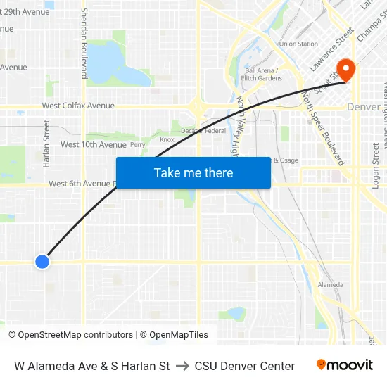 W Alameda Ave & S Harlan St to CSU Denver Center map