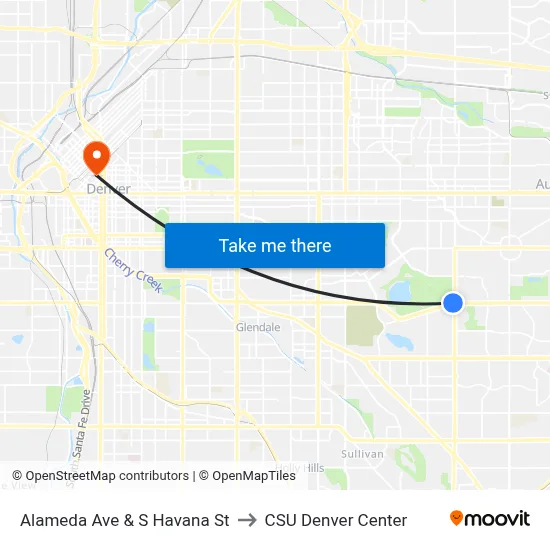 Alameda Ave & S Havana St to CSU Denver Center map