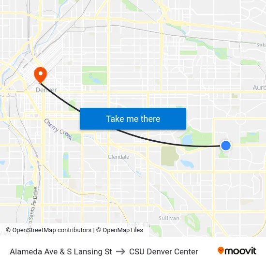 Alameda Ave & S Lansing St to CSU Denver Center map