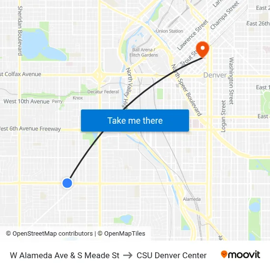 W Alameda Ave & S Meade St to CSU Denver Center map