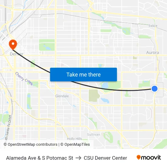 Alameda Ave & S Potomac St to CSU Denver Center map