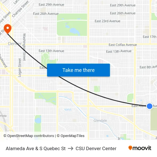 Alameda Ave & S Quebec St to CSU Denver Center map