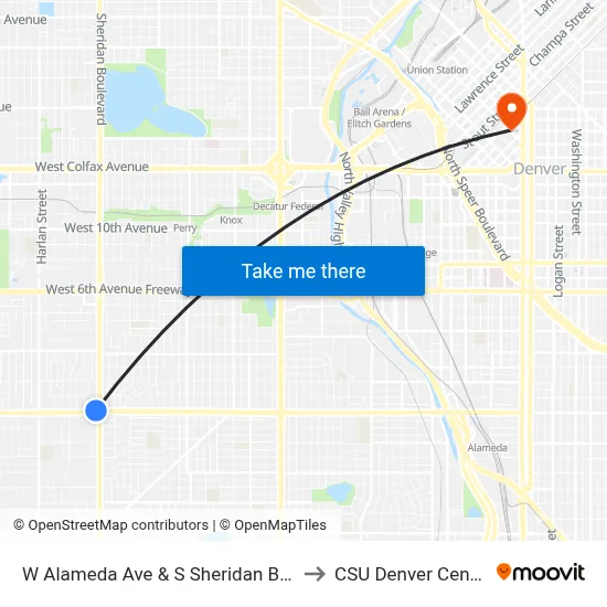 W Alameda Ave & S Sheridan Blvd to CSU Denver Center map