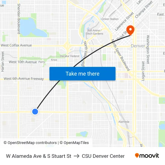 W Alameda Ave & S Stuart St to CSU Denver Center map