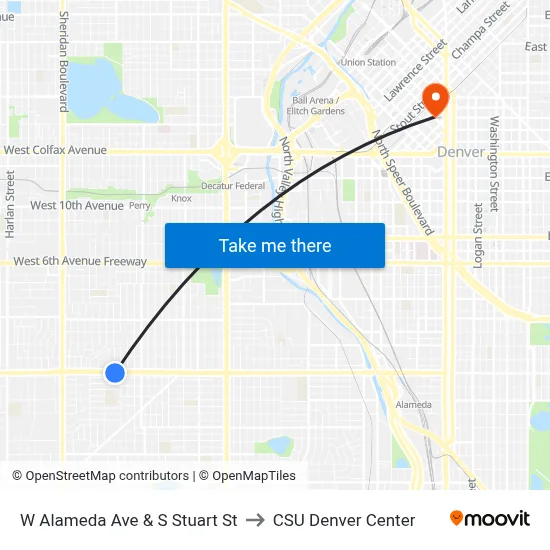 W Alameda Ave & S Stuart St to CSU Denver Center map