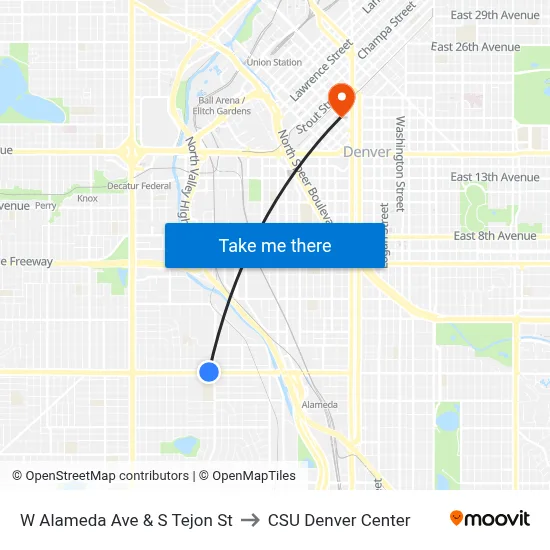 W Alameda Ave & S Tejon St to CSU Denver Center map