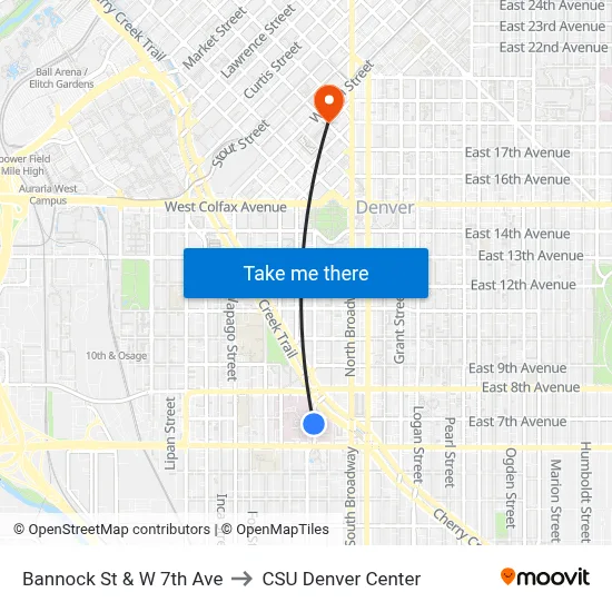 Bannock St & W 7th Ave to CSU Denver Center map