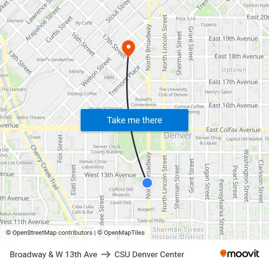 Broadway & W 13th Ave to CSU Denver Center map