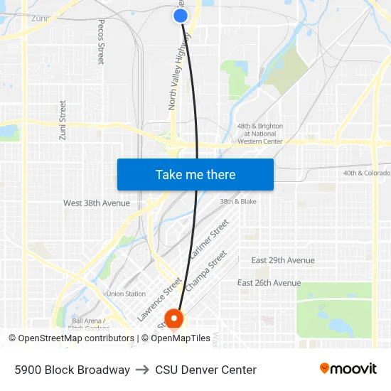 5900 Block Broadway to CSU Denver Center map