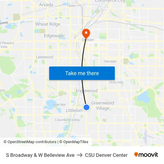S Broadway & W Belleview Ave to CSU Denver Center map