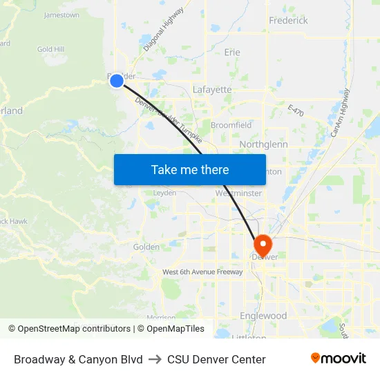Broadway & Canyon Blvd to CSU Denver Center map