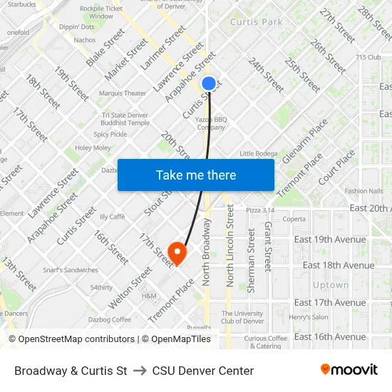 Broadway & Curtis St to CSU Denver Center map