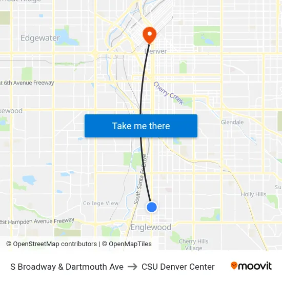S Broadway & Dartmouth Ave to CSU Denver Center map