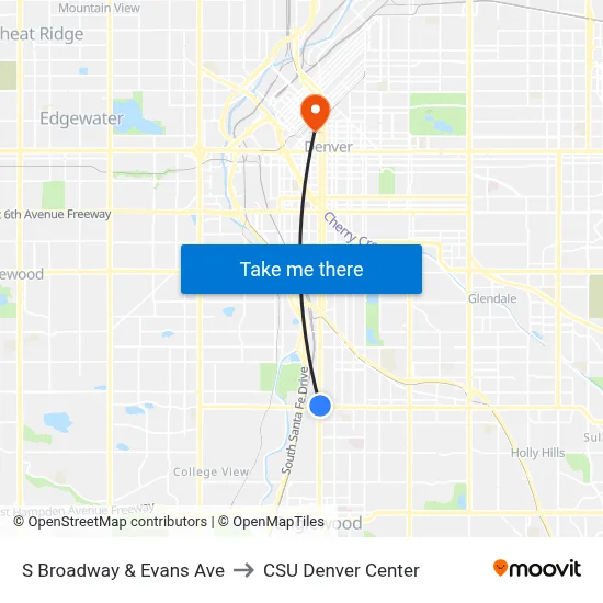 S Broadway & Evans Ave to CSU Denver Center map