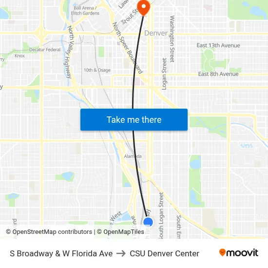 S Broadway & W Florida Ave to CSU Denver Center map