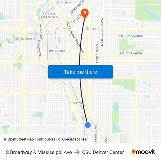 S Broadway & Mississippi Ave to CSU Denver Center map