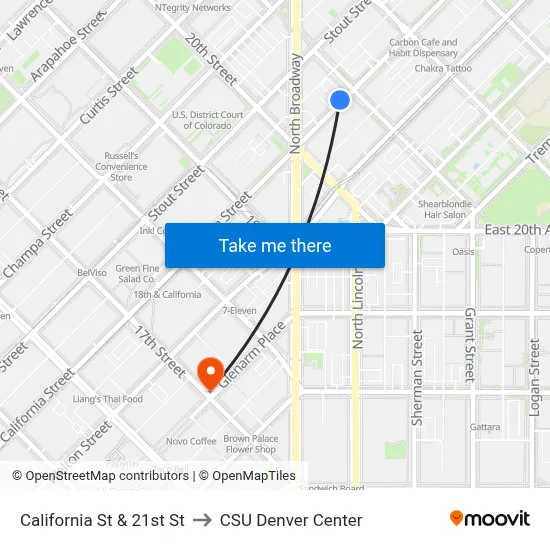 California St & 21st St to CSU Denver Center map