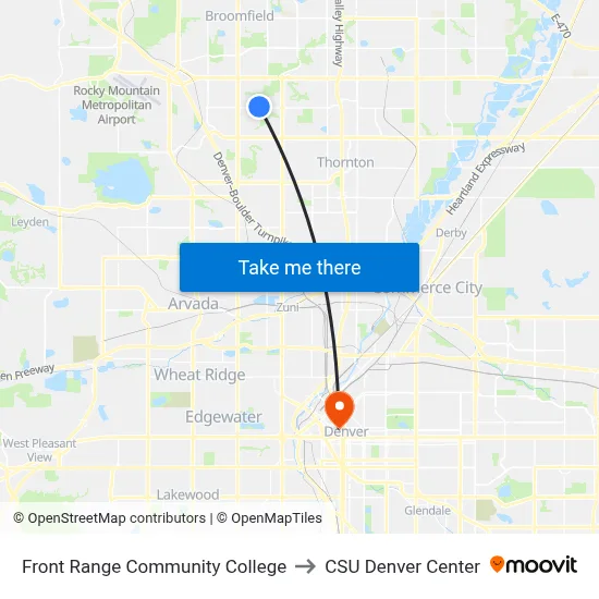 Front Range Community College to CSU Denver Center map
