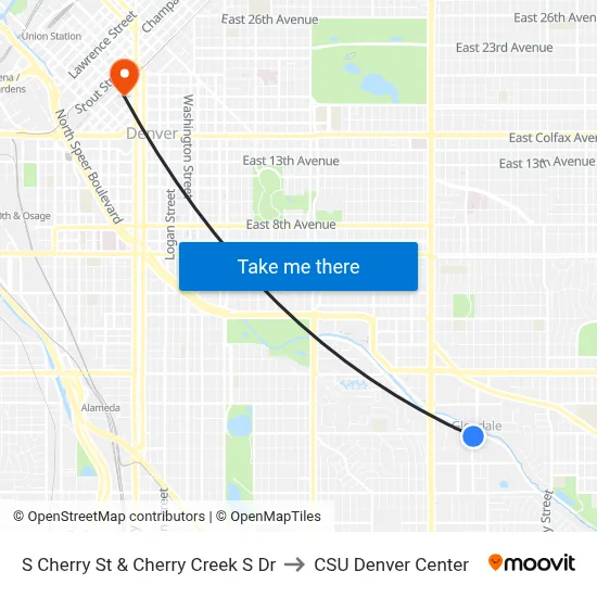 S Cherry St & Cherry Creek S Dr to CSU Denver Center map